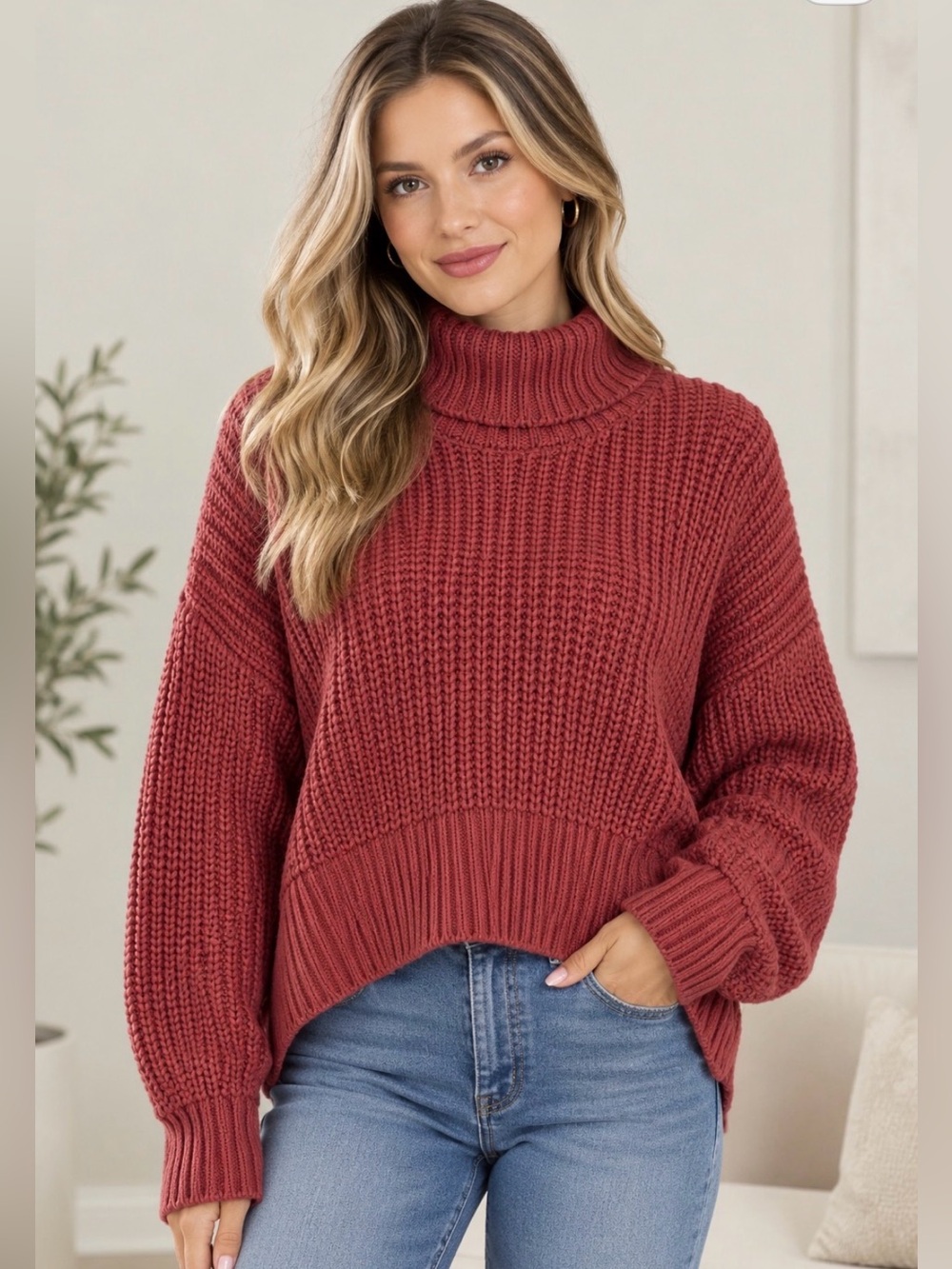 Madewell Turtleneck Chunky Knit Sweater - red wine color